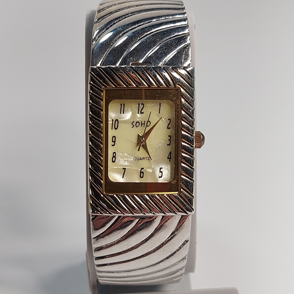 Vintage Soho Mother of Pearl Silver/Goldtone Women's Cuff Watch, New Battery